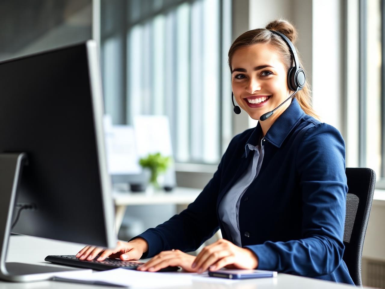 Friendly billing support specialist with headset ready to help with insurance payments